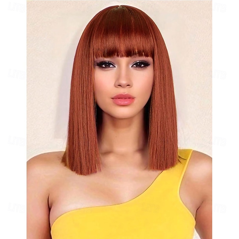 Short Straight Bob Auburn Wigs with Fringe Shoulder Length Hair Colorful Wig for Women Girls Heat Resistant Synthetic Wig for Cosplay Halloween Party 14 Inch 35cm Ginger Brown