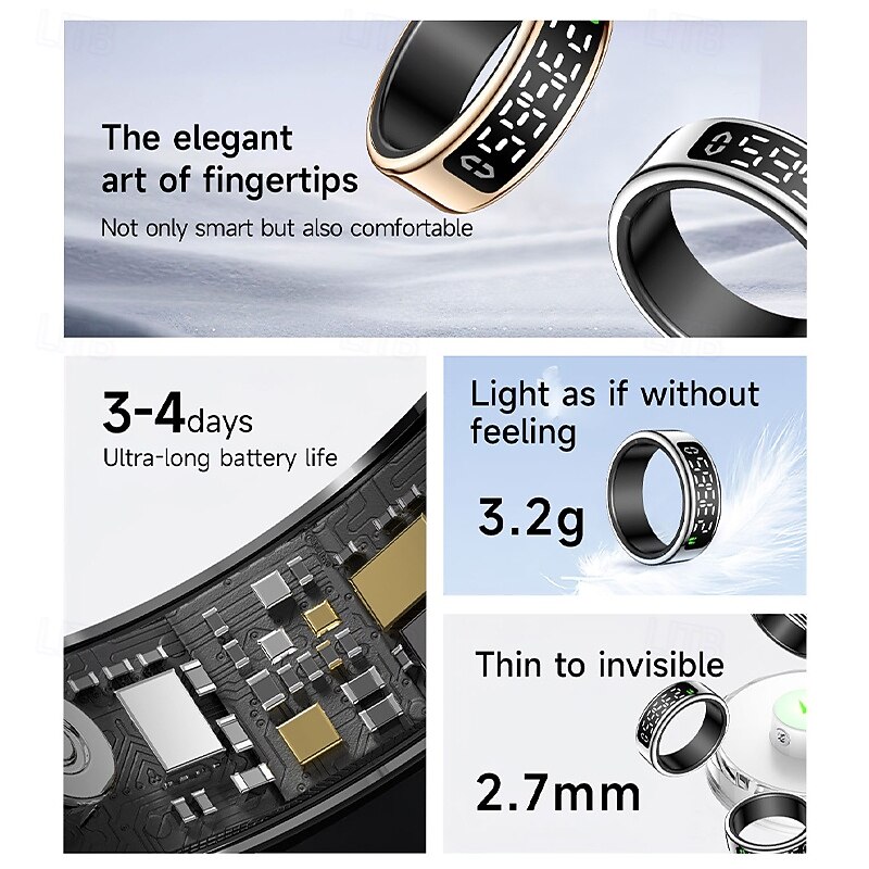 SY01 Smart Ring with Display, Touch Control, Heart Rate, Blood Oxygen, Sleep Monitoring, Page Flipping, Photo Taking, Charging Dock Included3
