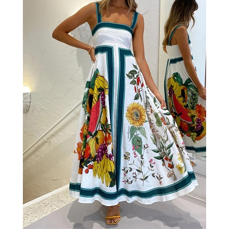 Women's Long Dress Maxi Dress Cotton Linen Dresses Casual Dress Fashion Outdoor Party Holiday Regular Fit Flower Sleeveless Straps White Summer