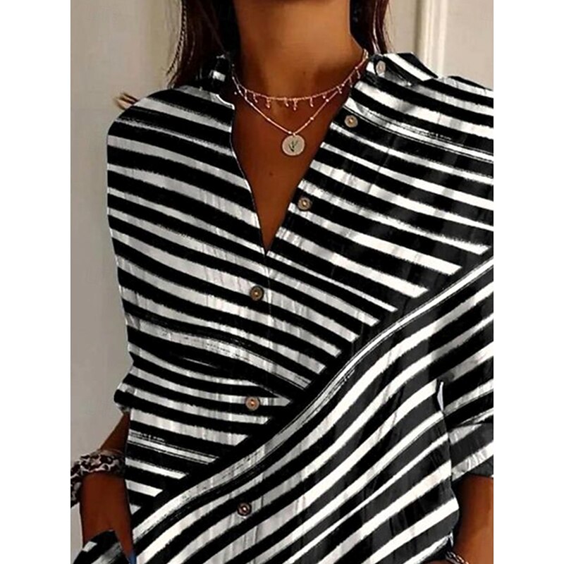 Women's Shirt Button Down Tunic Shirt Collar Long Sleeve Graphic Geometric Striped Vintage Tropical Daily Regular Tops Work Daily s Print Black Spring2
