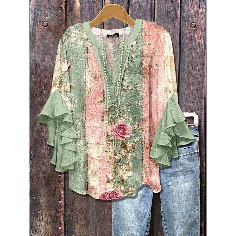 Women's Blouse V Neck Floral Graphic Striped Elegant Bohemia Ethnic 3/4 Length Sleeve Regular Tops Daily Holiday Vacation Wear Ruffle Print Sage Green Pink Purple Summer Spring Fall2