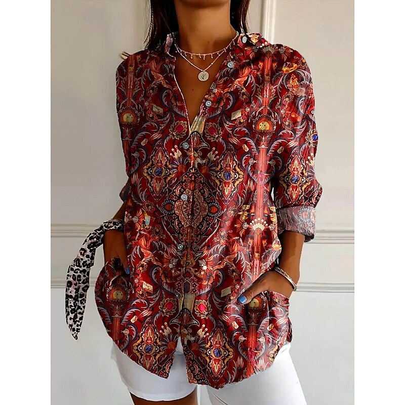Women's Shirt Button Down Tunic Shirt Collar Long Sleeve Floral Graphic Paisley Bohemia Vintage Western Regular Tops Daily Holiday Vacation Wear s Print Maroon Blue Rose Pink Spring