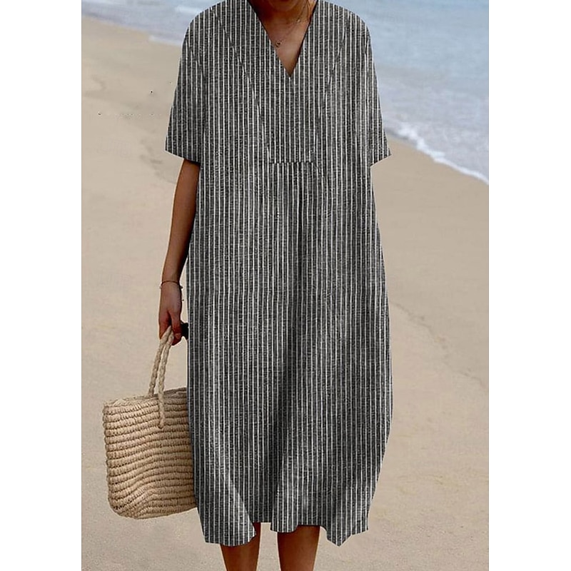 Women's Midi Dress Sundress A Line Dress Vacation Casual Beach Party Going out Beach Loose Fit Graphic Geometric Stripe Half Sleeve V Neck Yellow Blue Dark Gray Summer Spring2