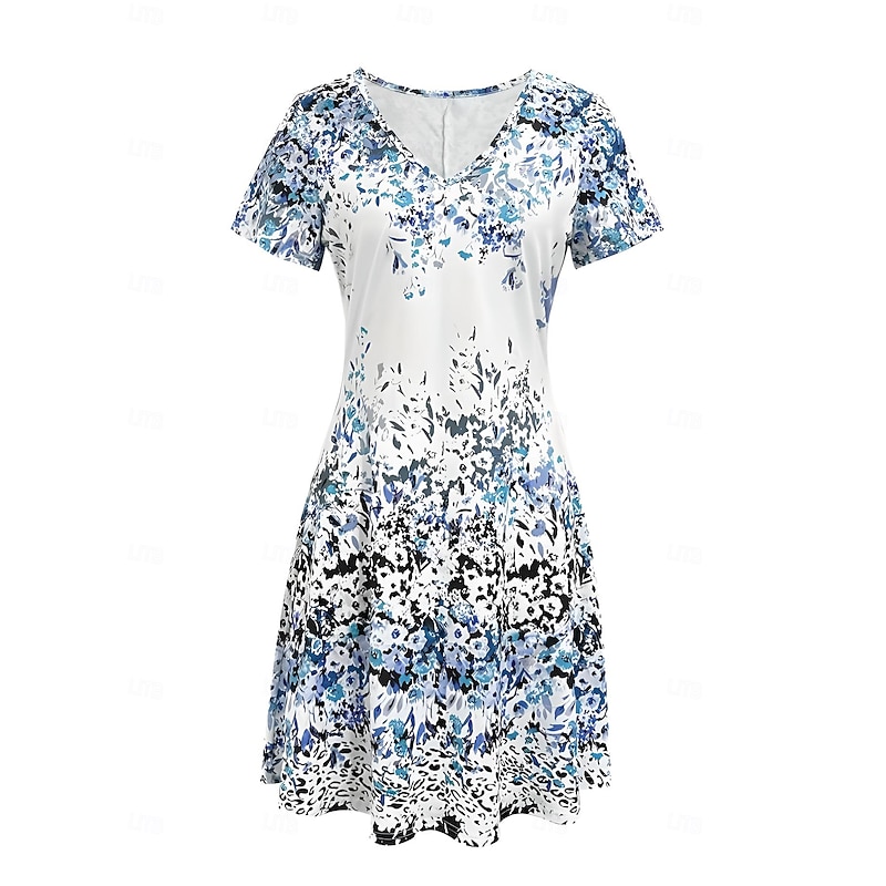 Women's Mini Dress T Shirt Dress Tee Dress Sundress A Line Dress Vacation Casual Boho Going out Beach Regular Fit Floral Graphic Short Sleeve V Neck Blue Summer Spring3