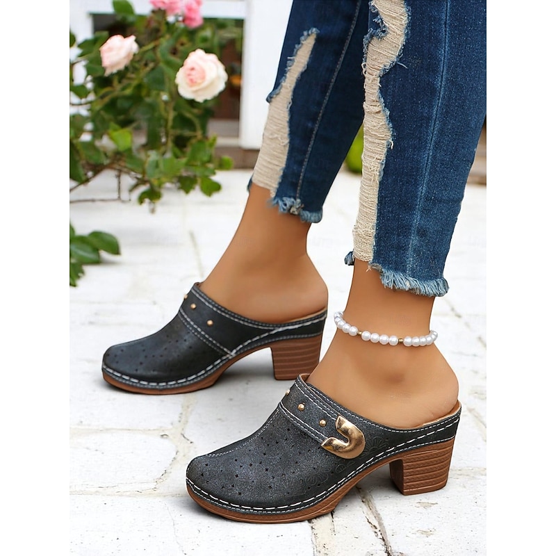 Women's Floral Perforated Mules with Block Heel and Studded Details - Comfortable Slip-On Clogs for Casual Outings and Spring Fashion