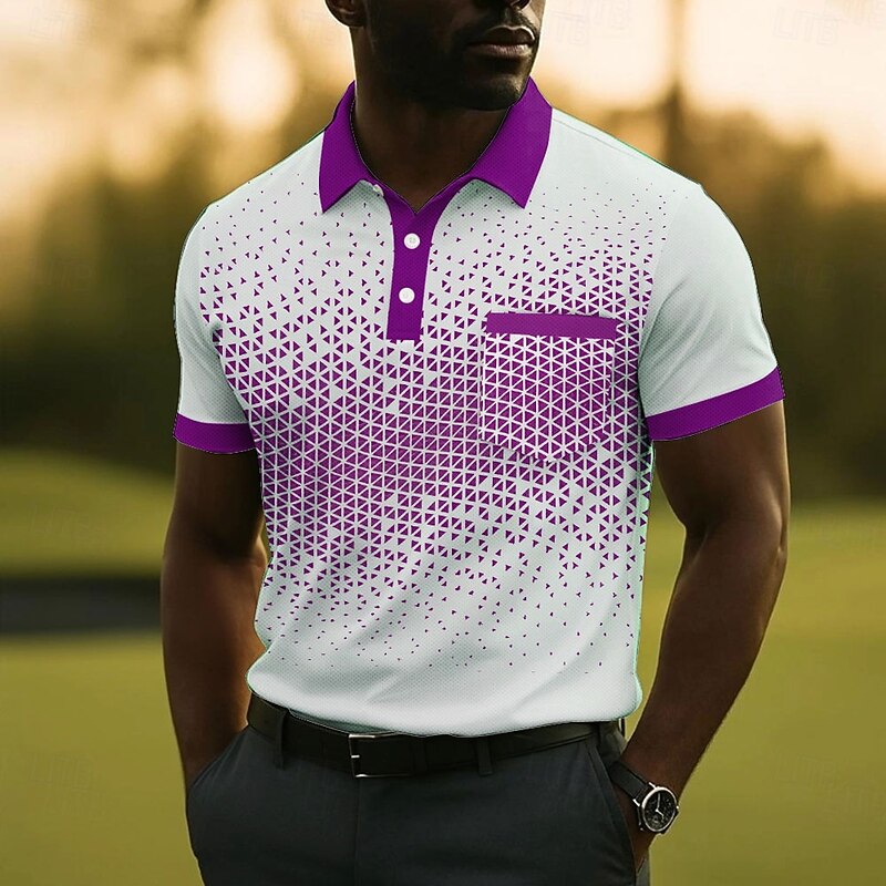 Men's Geometric Pattern Polo Short Sleeve Polo Shirts Collared Shirts Business Casual Outdoor Athleisure Daily Wear Buttons Pocket Summer White Blue Purple3