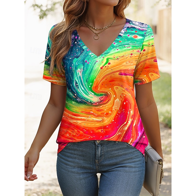 LGBT Pride Parade Pride Raindow Women's T Shirt Graphic Geometric Vintage Stylish Classic Short Sleeve V Neck Regular Tops Daily Weekend Print Yellow Orange Summer Spring4