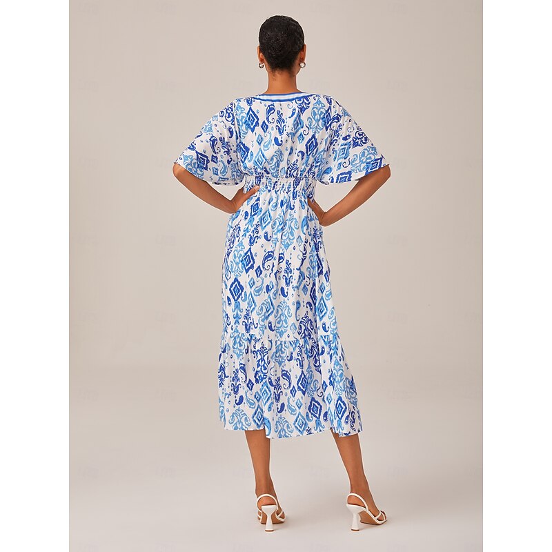 Blue Monochrome Print Empire Waist Midi Dress3