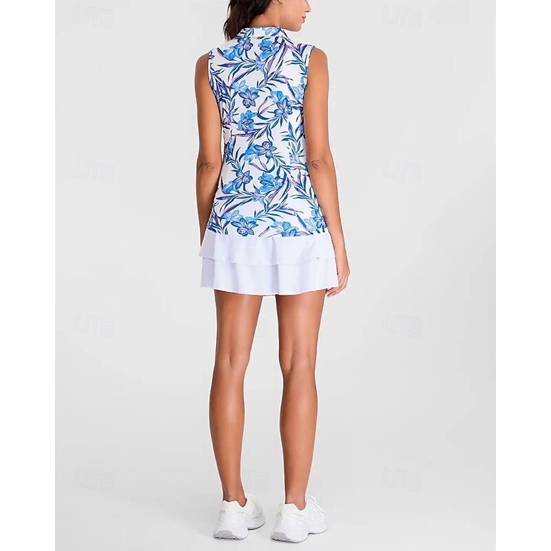 Women's Floral Tennis Shirt Sleeveless Print UPF50+ Quick Dry Tennis Golf Badminton Zip Collar Tee Tshirt Top Blue Tennis Clothing4