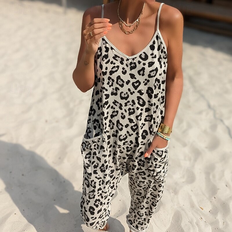 Women's Normal Jumpsuit Streetwear Leopard Sleeveless V Neck Print Street Going out Regular Fit White Summer2