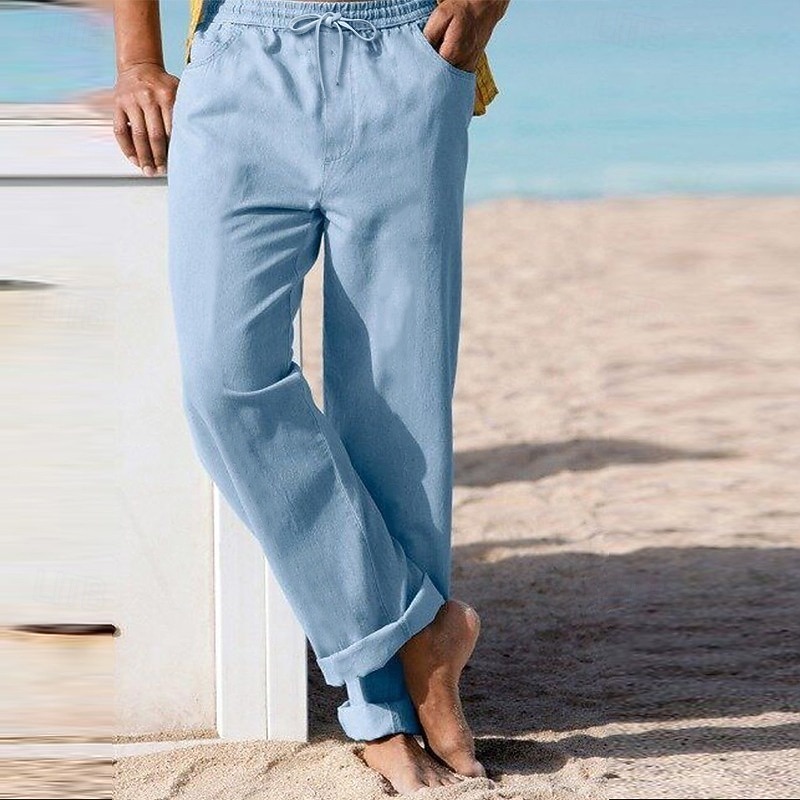 Men's Linen Pants Trousers Summer Pants Beach Pants Drawstring Elastic Waist Straight Leg Plain Comfort Breathable Full Length Casual Daily Holiday Vacation Fashion White Sky Blue