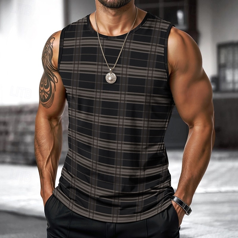 Men's Vest Top Undershirt Sleeveless Shirt Sleeveless Crewneck Spring & Summer Plaid / Striped / Chevron / Round Fashion Designer Vacation Street Going out Royal Blue+Gray Black Red Top Tee for Men3