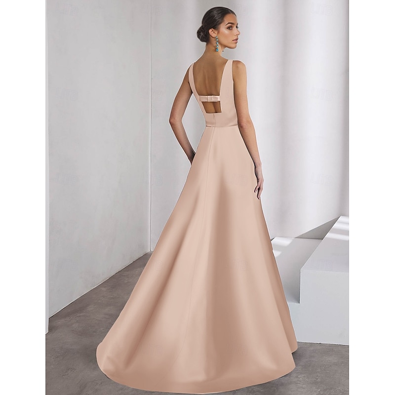 A-Line Evening Gown Elegant Dress Formal Wedding Floor Length Sleeveless Off Shoulder Pocket Satin with Ruffles3