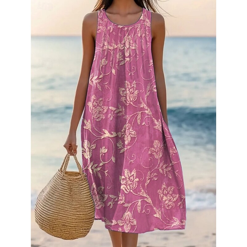 Women's Midi Dress Pleated Dress Vacation Casual Boho Beach Regular Fit Ombre Floral Graphic Sleeveless Crewneck Pink Grey Summer Spring
