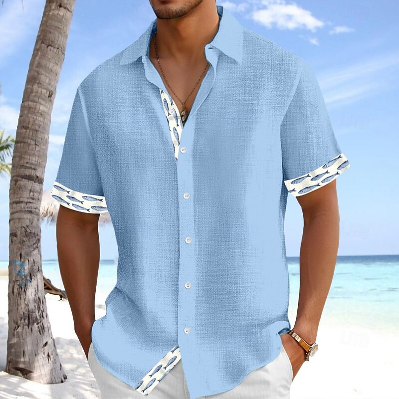 Men's Linen Shirt Summer Shirt Beach Wear Summer Hawaiian Shirt Button Up Shirt Fish Vacation Holiday White Pink Blue Green Short Sleeve Turndown Summer Spring Clothing Apparel