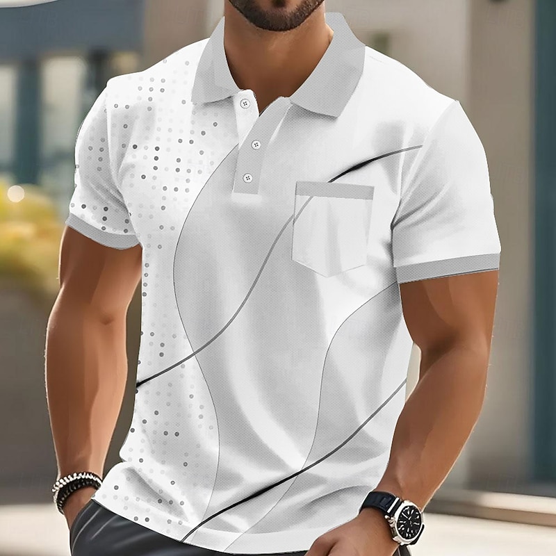 Men's Male Geometic Line Polo Short Sleeve Turndown Business Casual Sports & Outdoor Business Casual Daily Pocket Buttons Summer Amethyst Robin's Egg Blue Grey4