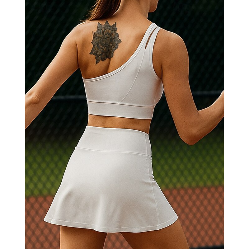 Women's Solid Colored Tennis Set Sleeveless Split Quick Dry Breathable Tennis Pickleball Yoga One Shoulder Black White Dark Navy Tennis Clothing2