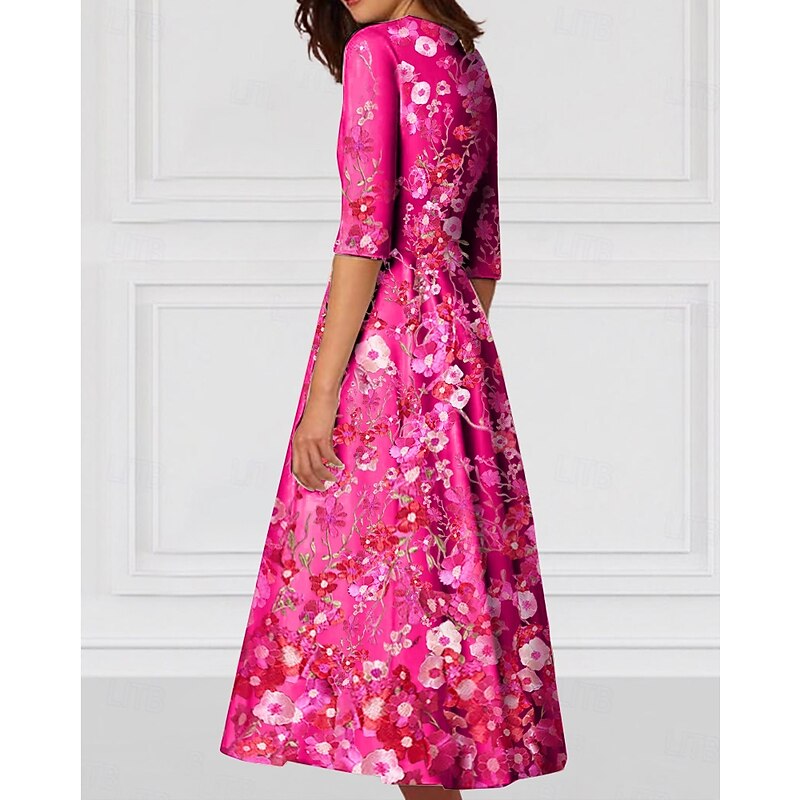 A-Line Cocktail Floral Elegant Dress Formal Wedding Ankle Length Half Sleeve V NeckDress Stretch Crepe with Embroidery Pocket3