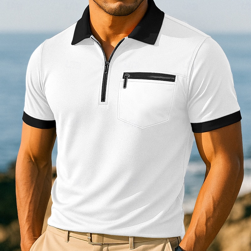 Men's Zip Polo Golf Shirt Vacation Casual Lapel Quarter Zip Short Sleeve Fashion Modern Solid Color Zipper Summer Spring All Seasons Regular Fit White Burgundy Navy Blue Zip Polo
