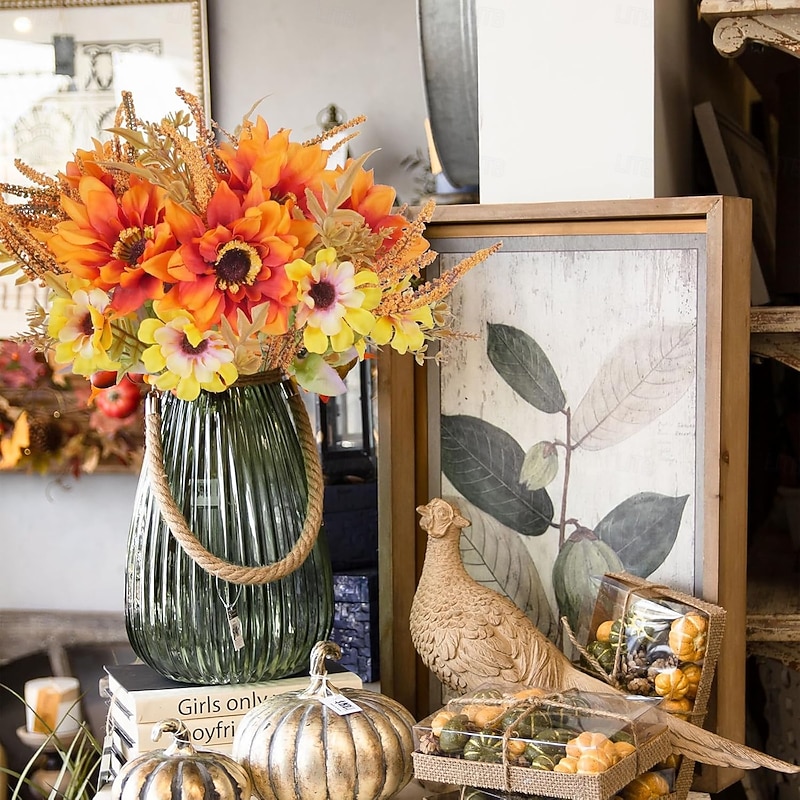 6 Bundles Artificial Fall Flowers Sunflowers Artificial Flowers Bouquet Dahlia Autumn Florals Arrangements for Decoration Sunflower Centerpieces for Tables Home Kitchen Thanksgiving2