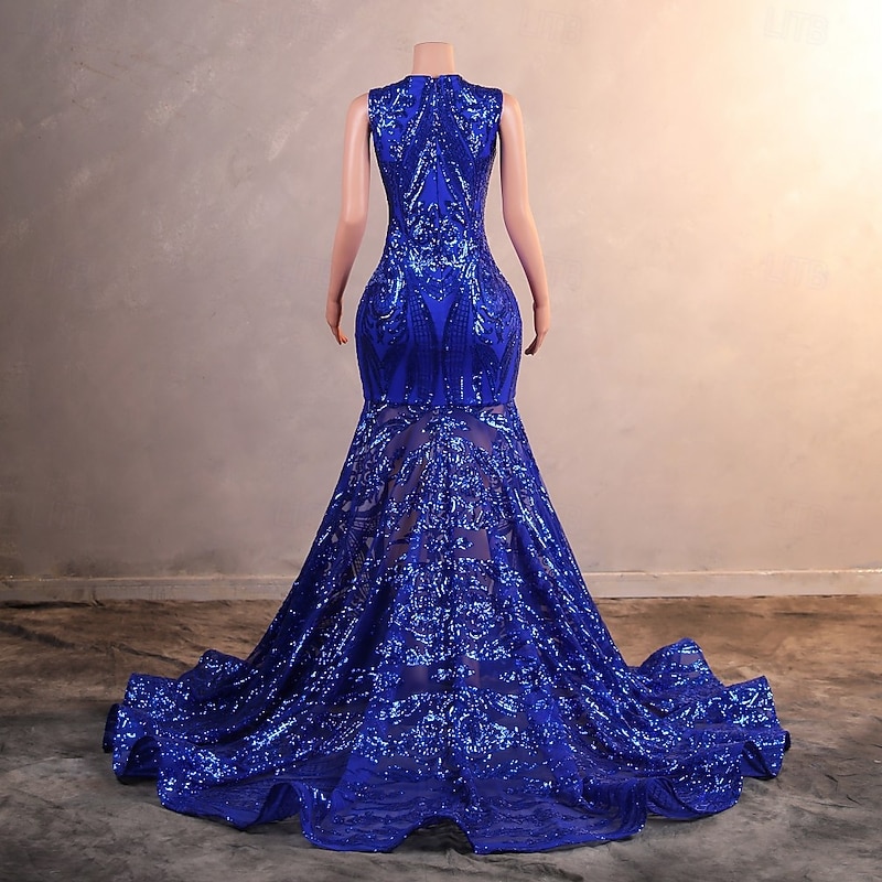 Mermaid Sequin Prom Dresses Elegant Dress Engagement Prom Court Train Sleeveless Jewel Neck African American with Appliques Masquerade Dress2