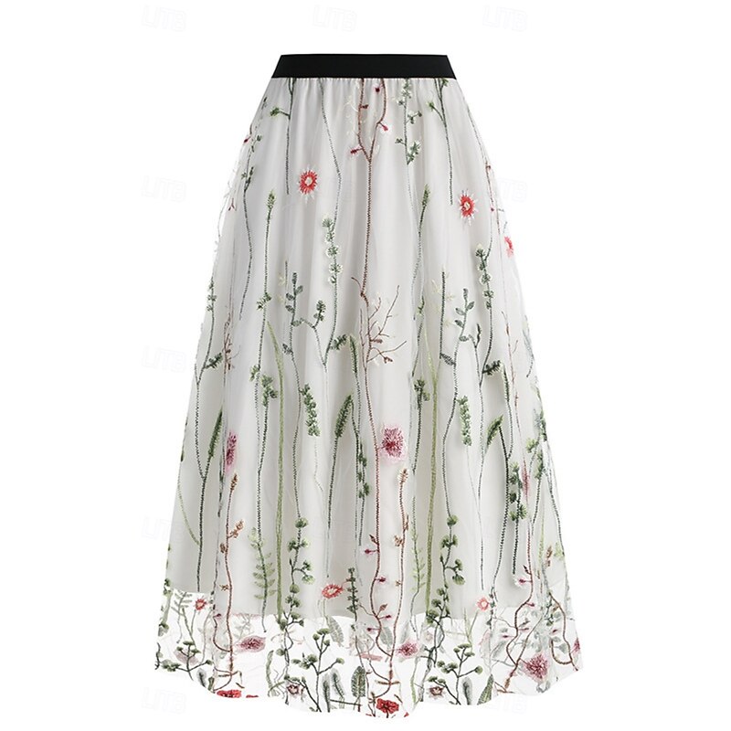 Women's Skirt A Line Elegant Fashion Casual Maxi High Waist Skirts Floral Embroidered Micro-elastic Street Daily Black White Red Blue Summer Polyester2