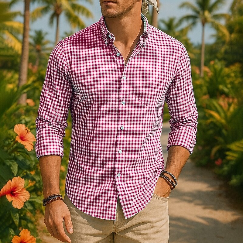 Men's Shirt Summer Shirt Casual Shirt Beach Shirt Button Up Shirt Red Blue Green Long Sleeve Plaid Lapel Vacation Hawaiian Clothing Apparel 100% Cotton Fashion Casual Comfortable2