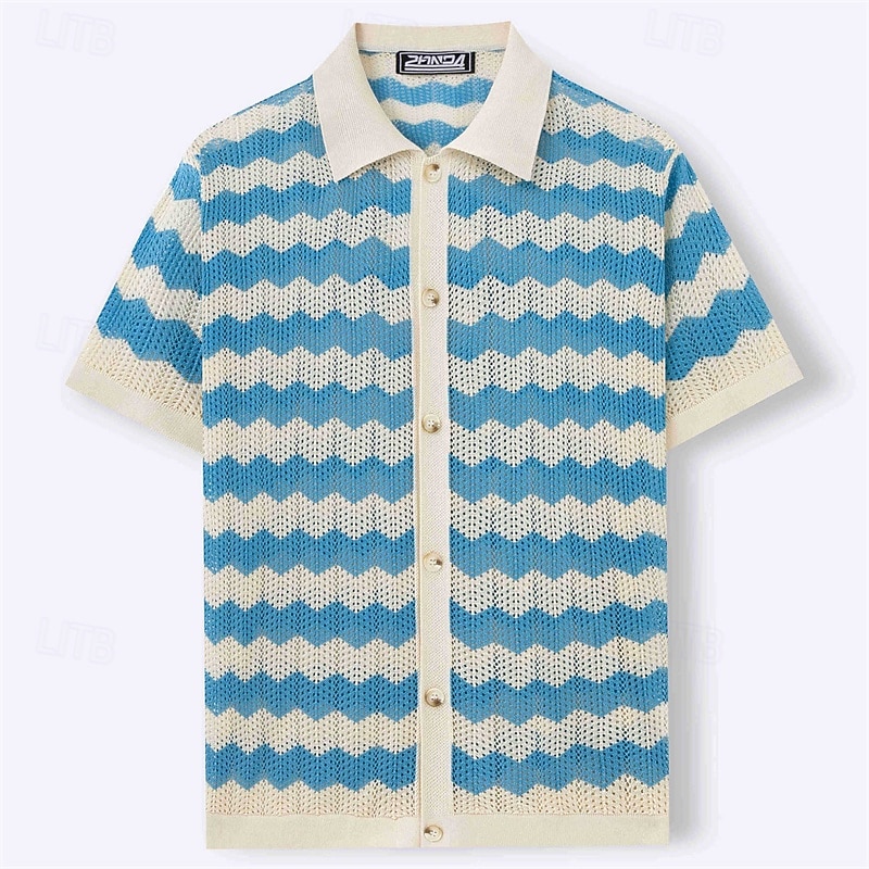 Men's Button Up Polos Golf Shirt Casual Sports Lapel Short Sleeve Fashion Basic Lines / Waves Buttons Summer Yellow Blue Brown Button Up Polos3