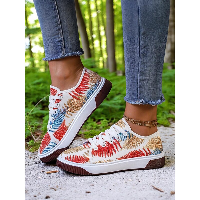 Women's Colorful Leaf Print Fabric Sneakers – Casual Lace-Up Walking Shoes for Nature-Loving Women, Ideal for Outdoor Strolls and Daily Wear2