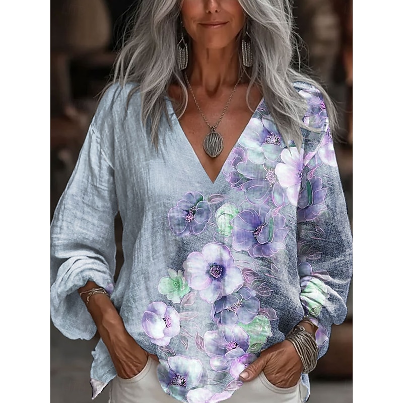 Women's Blouse Floral Graphic Stylish Casual 3/4 Length Sleeve V Neck Regular Tops Daily Blue Purple Green Summer Spring3
