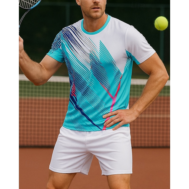Men's Graphic Geometric Sports Set Shirts & Shorts Tennis Set Two-piece Suit Short Sleeves Sweat-Wicking Moisture Wicking Breathable Tennis Golf Pickleball Blue Green Tennis Clothing4