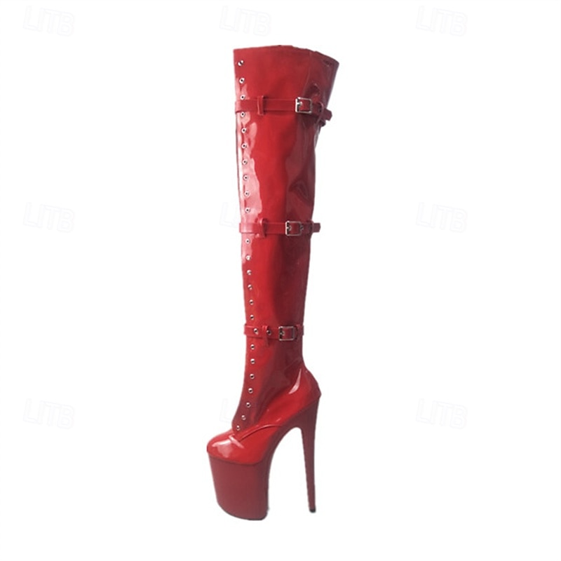 Women's Red Patent Leather Thigh High Platform Boots – Buckle Strap Stiletto Over-the-Knee Boots for Clubwear, Cosplay, and Exotic Dance Performance
