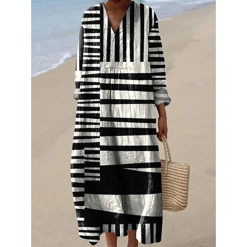 Women's Midi Dress V Neck Long Sleeve Kaftan Lightweight Loose Fit A Line Dress Casual Boho Going out Graphic Geometric Stripe Long Sleeve V Neck Orange red Black Yellow Pink3