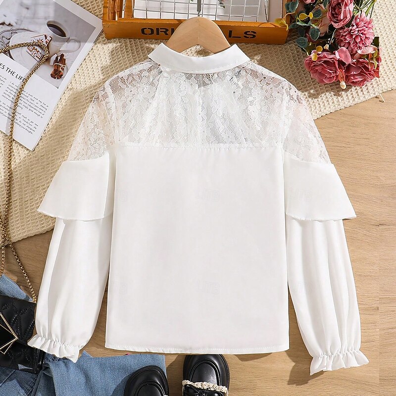 Kids Girls' Blouse Solid Color School Long Sleeve Ruffle Daily 7-13 Years Summer White2
