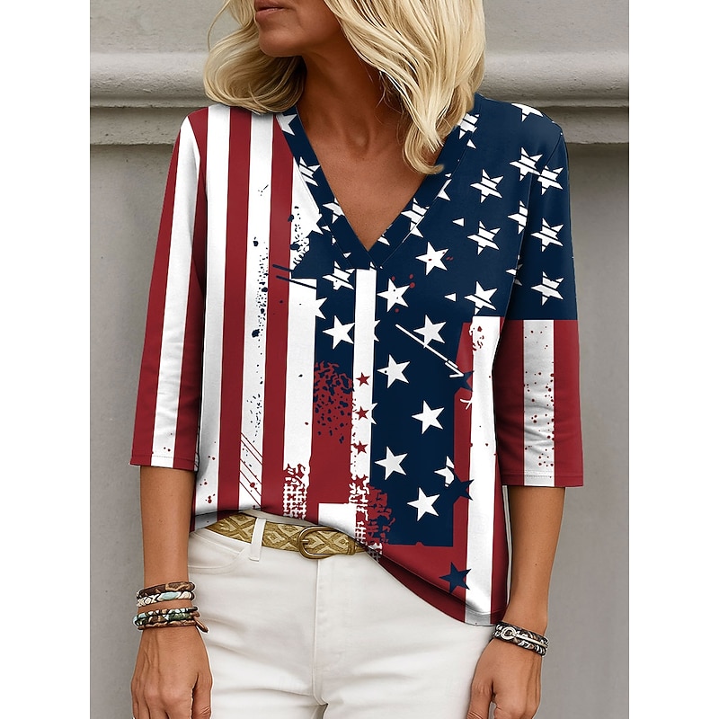 Women's Patriotic  Blouse Graphic Flag Elegant Stylish Casual 3/4 Length Sleeve V Neck Regular Tops Daily Holiday Going out Print Navy Blue Summer Spring