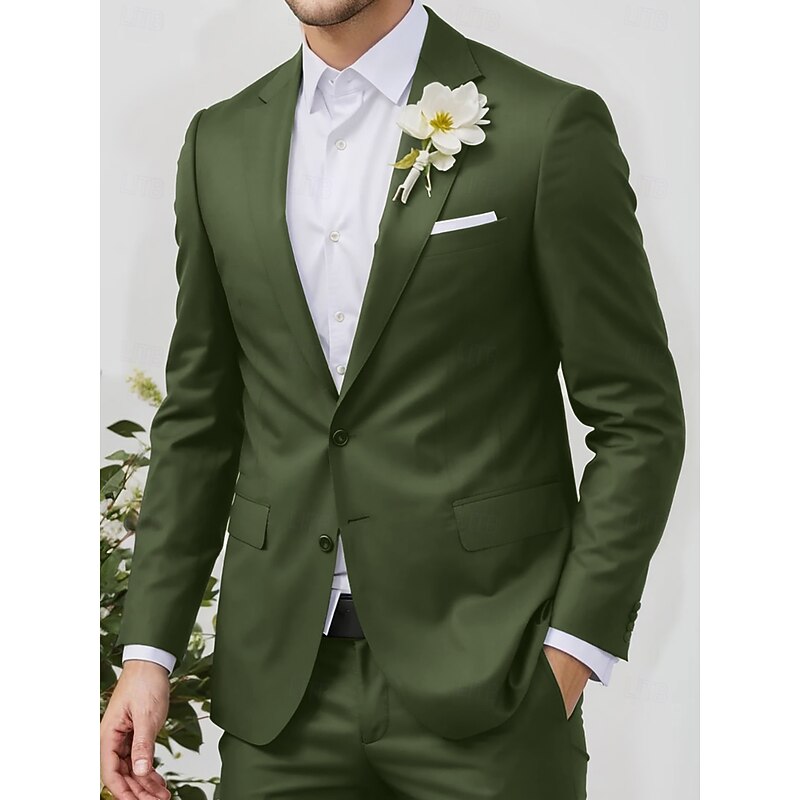 Men's Wedding Business Suits Army Green Summer Fashion Formal Solid Colored Standard Fit 2 Piece Single Breasted Two-buttons2