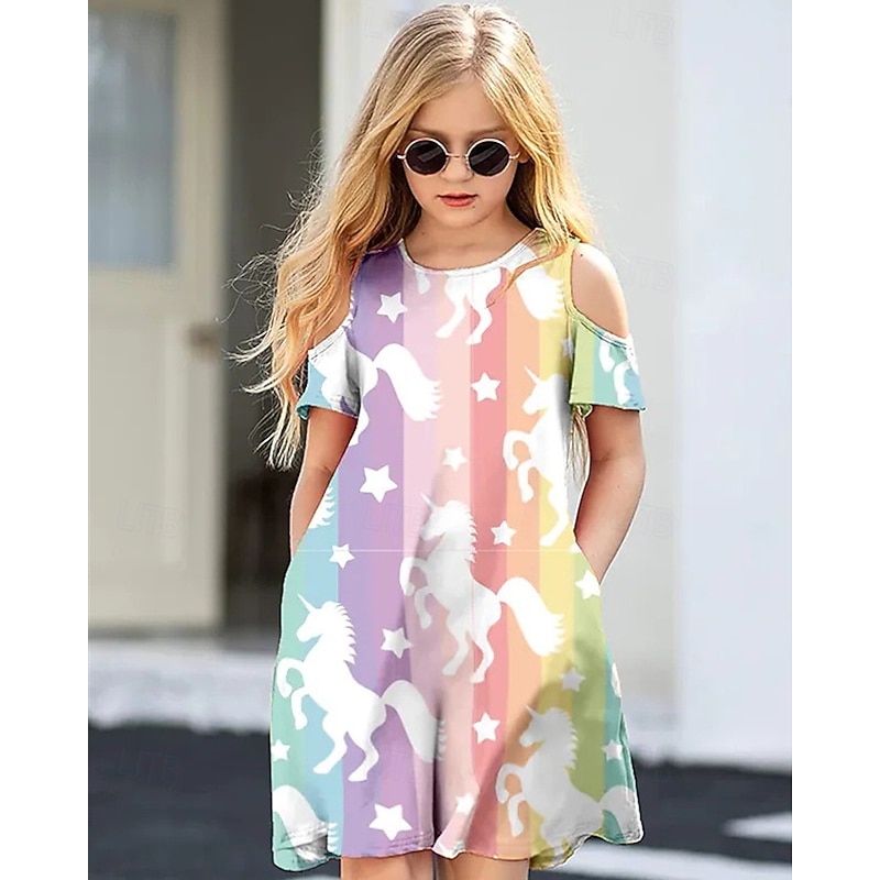 Girls' 3D Unicorn Dress Short Sleeve Summer Spring Vacation Daily Holiday Beautiful Sweet Kids 4-12 Years Casual Dress Knee-length Regular Fit