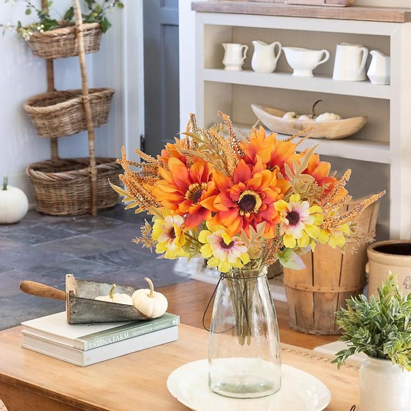 6 Bundles Artificial Fall Flowers Sunflowers Artificial Flowers Bouquet Dahlia Autumn Florals Arrangements for Decoration Sunflower Centerpieces for Tables Home Kitchen Thanksgiving3