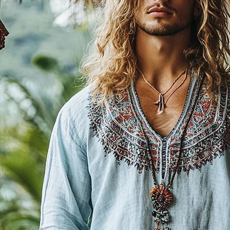 Men's Linen Shirt Popover Shirt Summer Shirt Beach Wear Retro Shirts Ethnic Shirt Outdoor Vacation Blue Green Long Sleeve V Neck Summer Spring Clothing Apparel2