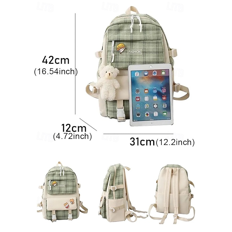 Girls 5-piece school backpack set with messenger bag, Pencil bag, Coin purse - Cute patchwork plaid design, Lightweight and durable, Suitable for teenagers and daily use4