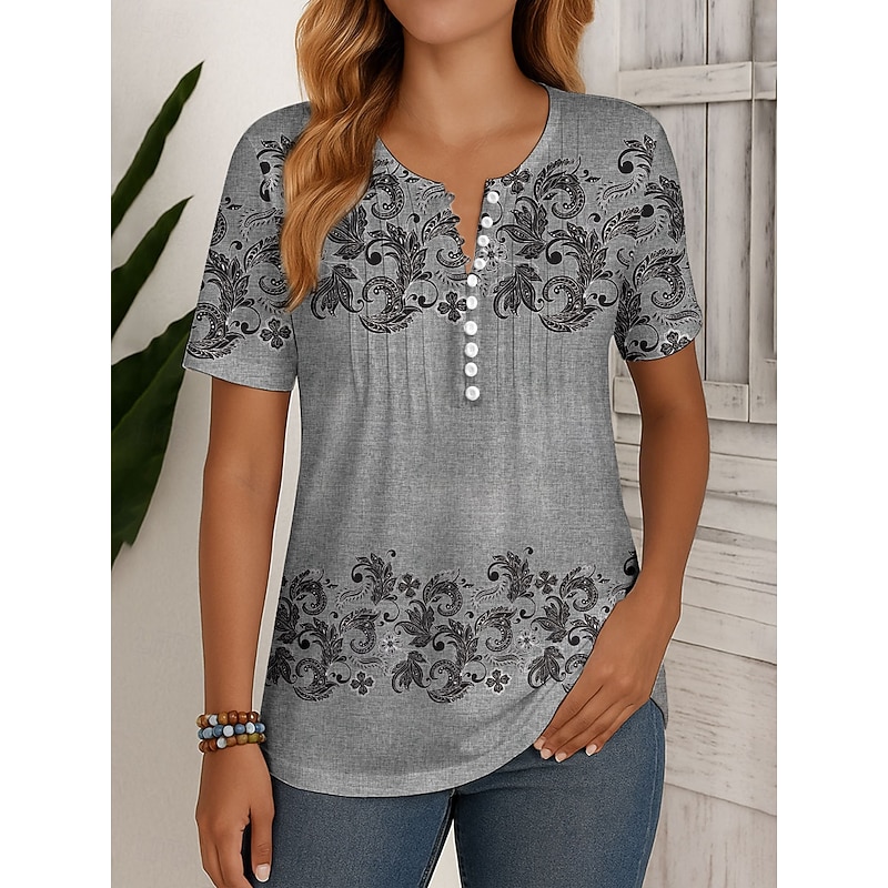 Women's T Shirt Floral Graphic Plants Vintage Stylish Classic Short Sleeve Round Neck Regular Tops Daily Weekend Beach Wear Smocked Buttons Print Red Purple Green Gray Summer Spring