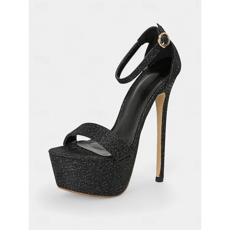 Women's Black Glitter Platform Stiletto Heels - Peep-Toe Ankle Strap Party Shoes for Nightlife and Club Events4