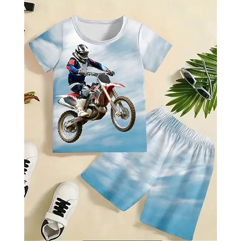 2 Pieces Kids Boys Suit T-shirt & Shorts Outfit Graphic Short Sleeve Crewneck Set Outdoor Sports Fashion Summer 4 years+ Black Green Light Blue3