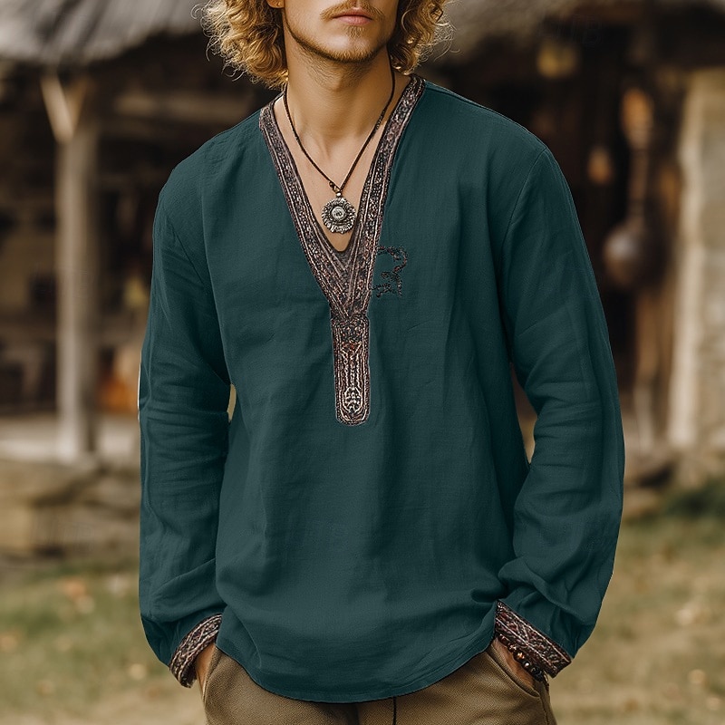 Men's Shirt Linen Shirt Popover Shirt Summer Shirt Retro Shirts Vintage Shirt Solid Color Vacation Street White Sky Blue Green Long Sleeve V Neck Summer Spring Clothing Apparel