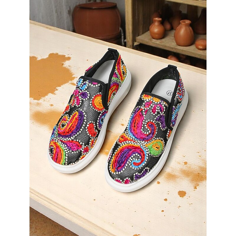 Women's Embroidered Slip-On Sneakers - Colorful Paisley Design with Comfortable Sole, Ideal for Casual Daywear and Fashion-Forward Looks4