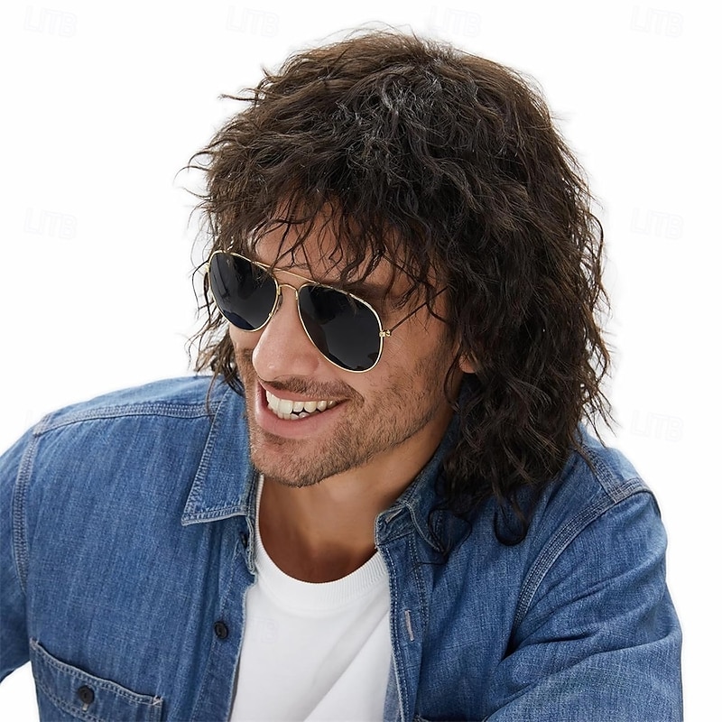 Mullet 70s 80s Wig with Bangs Dark Brown Long Disco Hair Curly Men Wigs for Mens Man Male Hippie Rocking 80s Them Party Cosplay Costume Anime Heat Resistant Synthetic Hair 70's Wig Halloween Wigs3