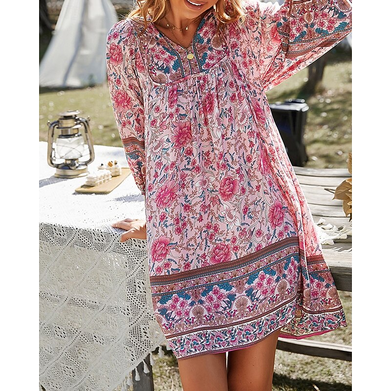 Women's Mini Dress Floral Dress Boho Dress Print Dress Classic Modern Outdoor Vacation Holiday Regular Fit Flower Long Sleeve V Neck Yellow Pink Navy Blue Blue Summer2