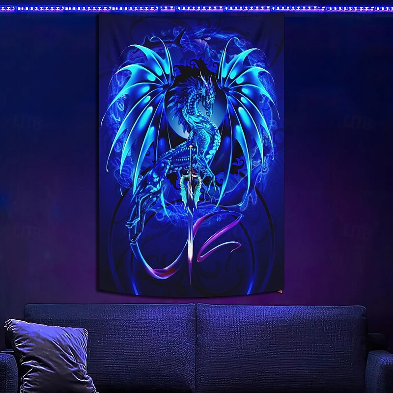 Ruth Thompson Blacklight Tapestry Glow in the Dark Glow Party UV Reactive Trippy Misty Hanging Tapestry Wall Art Mural for Living Room Bedroom Dragonsword SEABLADE2