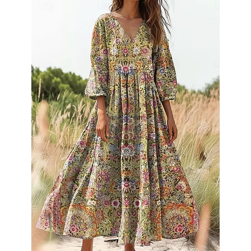 Women's Maxi Dress Sundress A Line Dress Pleated Dress Vacation Casual Boho Daily Holiday Going out Loose Fit Floral Graphic 3/4 Length Sleeve V Neck Yellow Purple Orange3