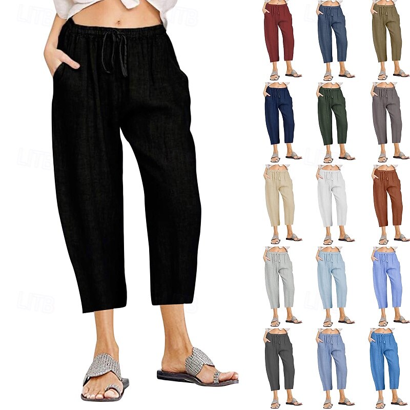 Women's Cotton Linen Pants Capri Pants Slacks Streetwear Casual Calf-Length Natural Plain Pocket Elastic Drawstring Design Comfy Outdoor Outdoor Vacation Holiday claret Peacock Blue River Blue Light